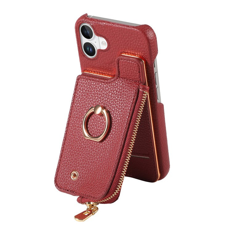 Y3 For iPhone 16 Plus Case Card Holder Kickstand Leather+TPU Phone Cover with Zipper Pocket - Red