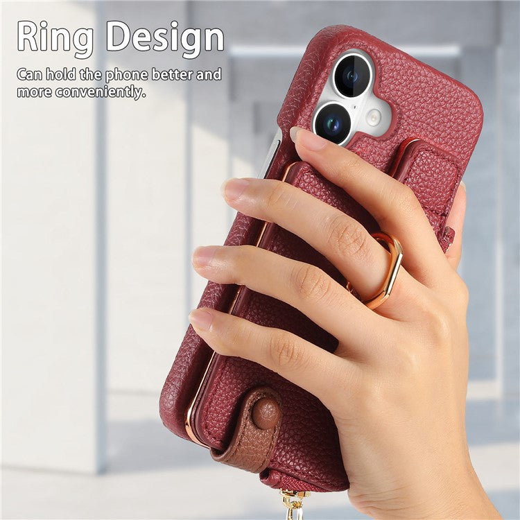 Y3 For iPhone 16 Plus Case Card Holder Kickstand Leather+TPU Phone Cover with Zipper Pocket - Red