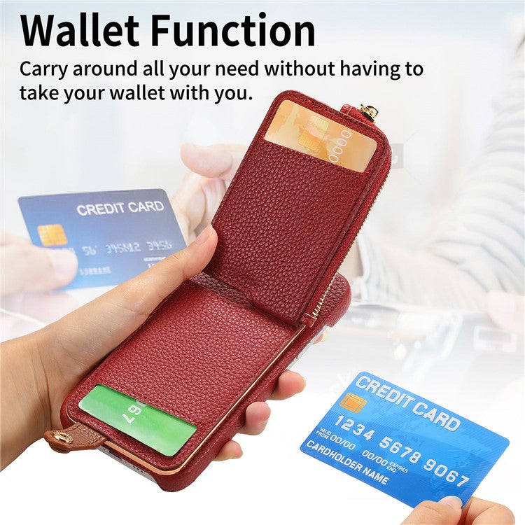 Y3 For iPhone 16 Plus Case Card Holder Kickstand Leather+TPU Phone Cover with Zipper Pocket - Red