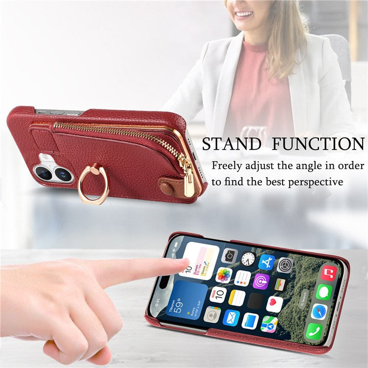 Y3 For iPhone 16 Plus Case Card Holder Kickstand Leather+TPU Phone Cover with Zipper Pocket - Red