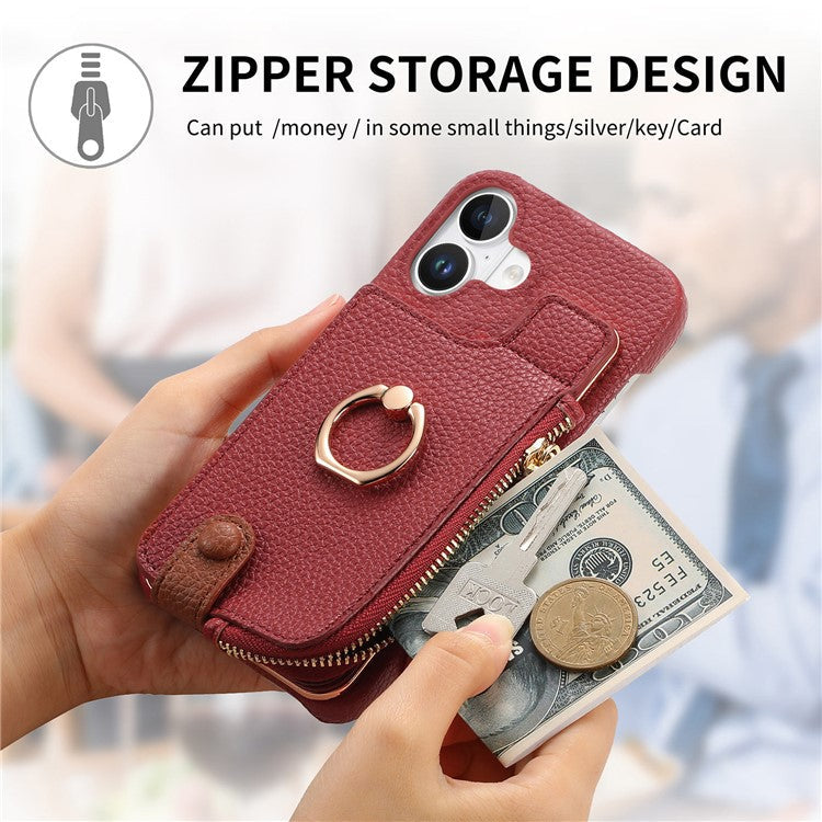 Y3 For iPhone 16 Plus Case Card Holder Kickstand Leather+TPU Phone Cover with Zipper Pocket - Red