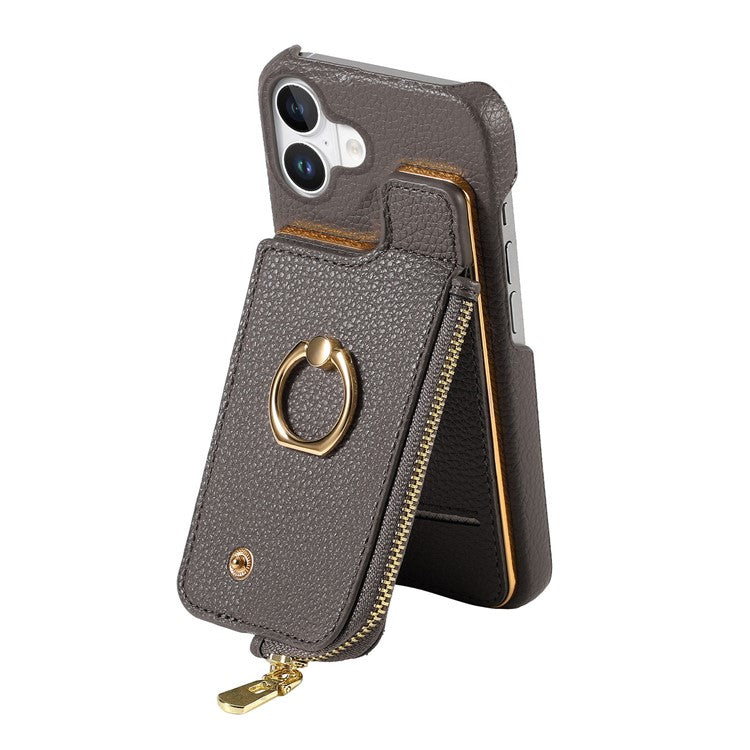 Y3 For iPhone 16 Plus Case Card Holder Kickstand Leather+TPU Phone Cover with Zipper Pocket - Grey