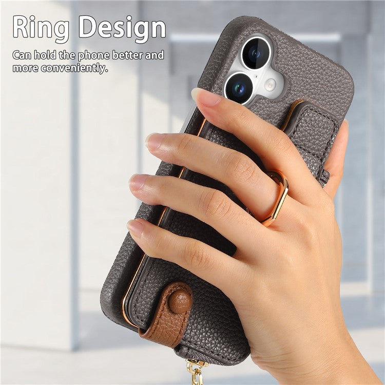Y3 For iPhone 16 Plus Case Card Holder Kickstand Leather+TPU Phone Cover with Zipper Pocket - Grey