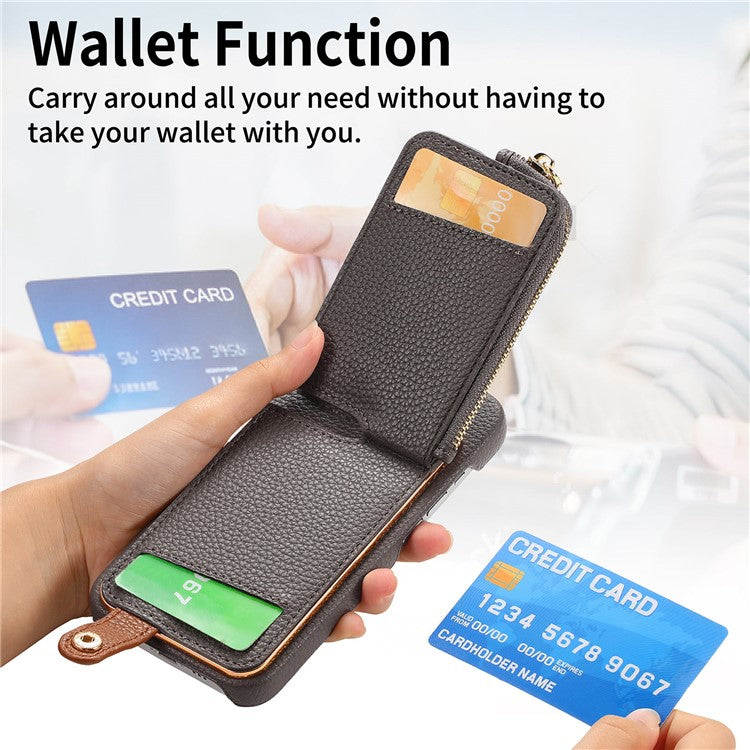 Y3 For iPhone 16 Plus Case Card Holder Kickstand Leather+TPU Phone Cover with Zipper Pocket - Grey
