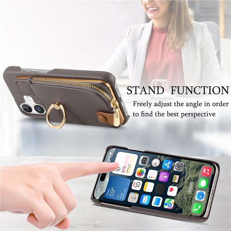 Y3 For iPhone 16 Plus Case Card Holder Kickstand Leather+TPU Phone Cover with Zipper Pocket - Grey