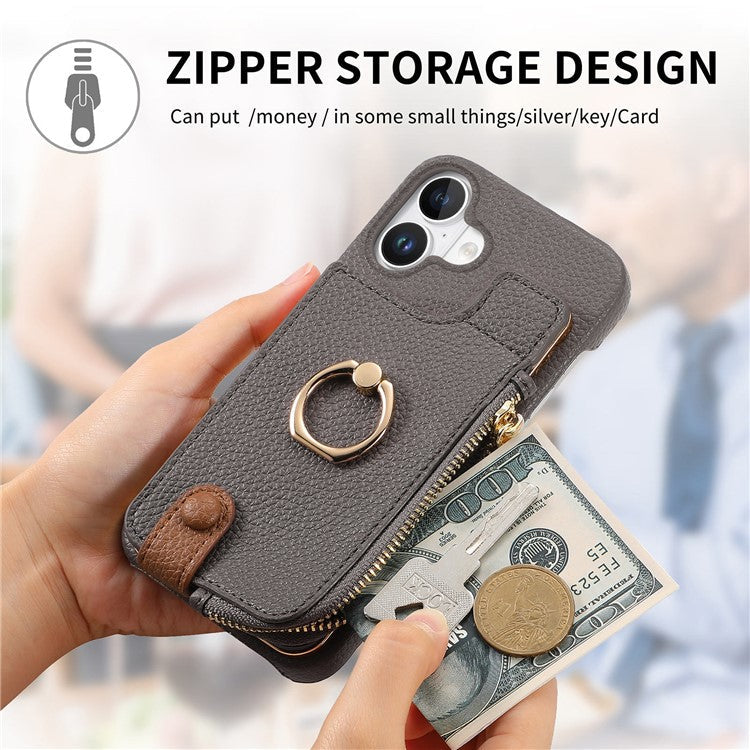 Y3 For iPhone 16 Plus Case Card Holder Kickstand Leather+TPU Phone Cover with Zipper Pocket - Grey