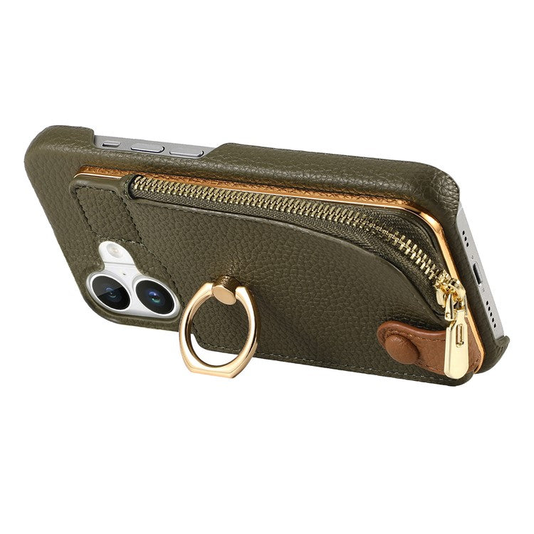 Y3 For iPhone 16 Case Card Holder Kickstand Leather+TPU Phone Cover with Zipper Pocket - Army Green