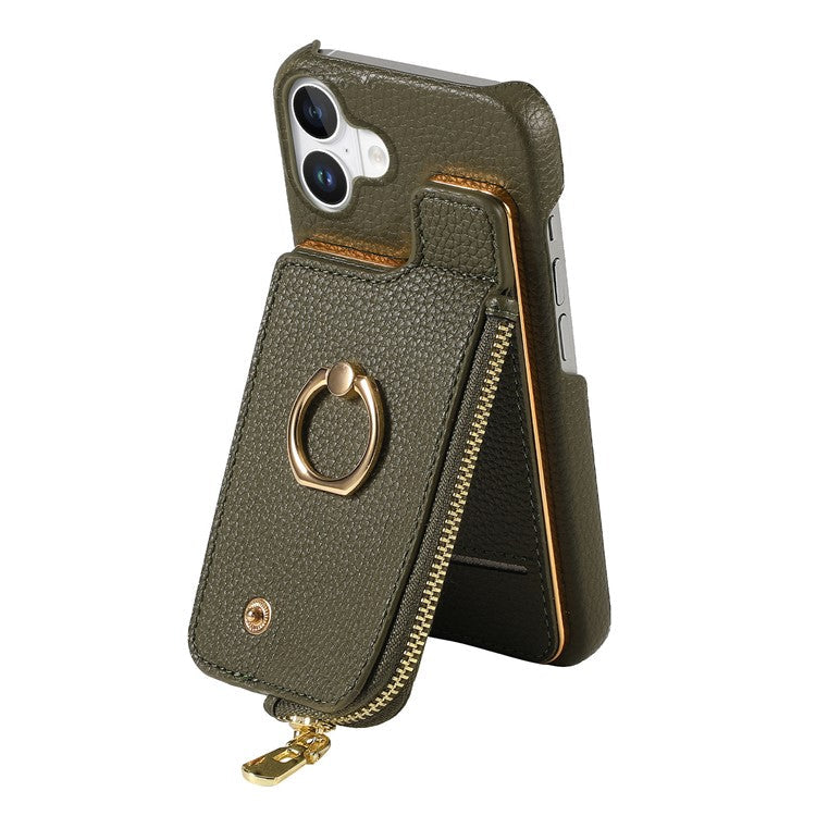 Y3 For iPhone 16 Case Card Holder Kickstand Leather+TPU Phone Cover with Zipper Pocket - Army Green