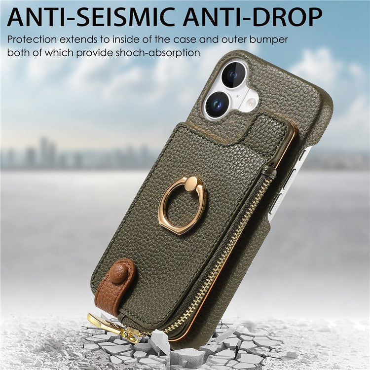Y3 For iPhone 16 Case Card Holder Kickstand Leather+TPU Phone Cover with Zipper Pocket - Army Green