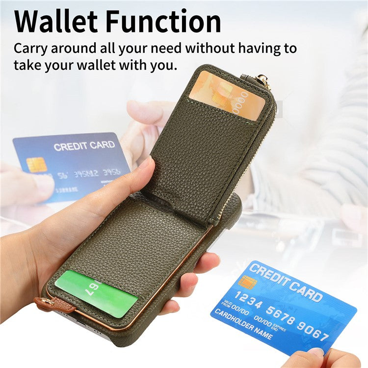 Y3 For iPhone 16 Case Card Holder Kickstand Leather+TPU Phone Cover with Zipper Pocket - Army Green