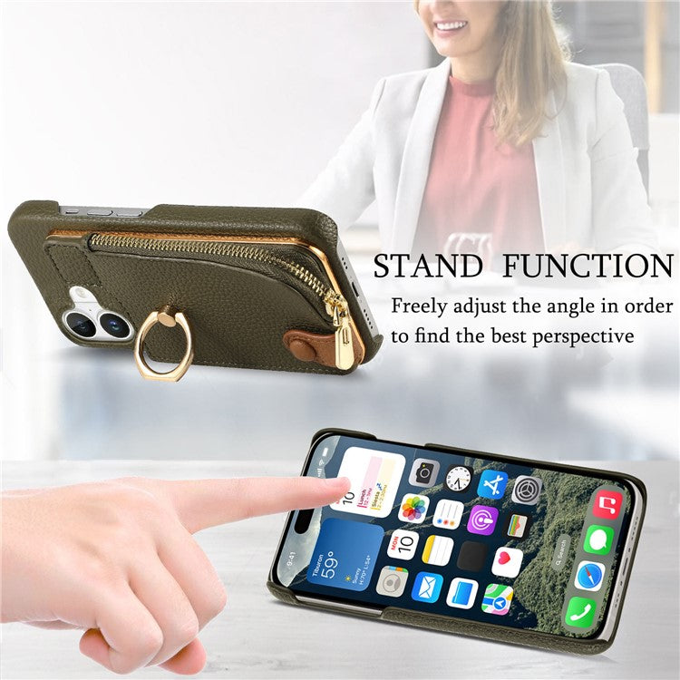 Y3 For iPhone 16 Case Card Holder Kickstand Leather+TPU Phone Cover with Zipper Pocket - Army Green