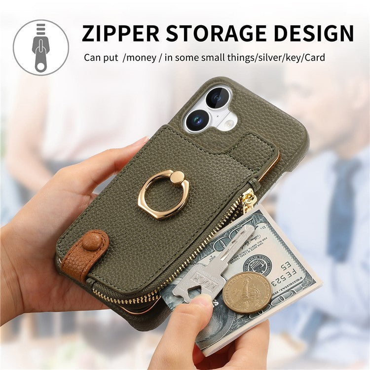 Y3 For iPhone 16 Case Card Holder Kickstand Leather+TPU Phone Cover with Zipper Pocket - Army Green