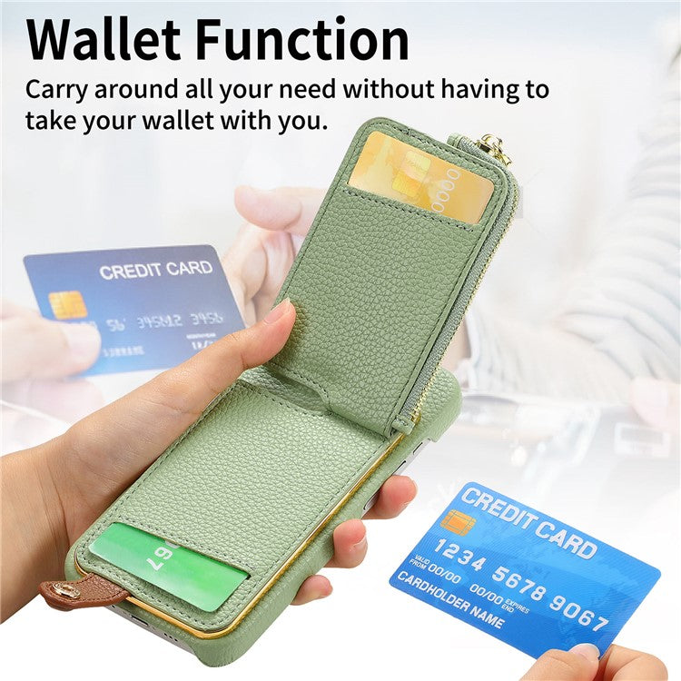 Y3 For iPhone 16 Case Card Holder Kickstand Leather+TPU Phone Cover with Zipper Pocket - Mint Green