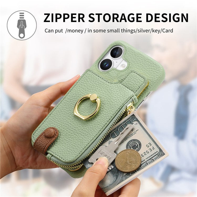 Y3 For iPhone 16 Case Card Holder Kickstand Leather+TPU Phone Cover with Zipper Pocket - Mint Green