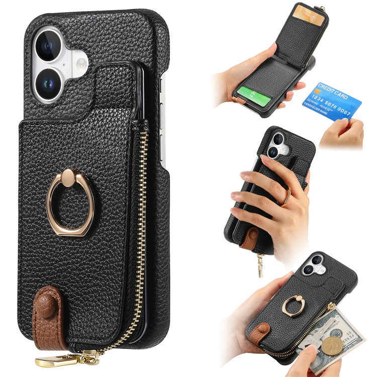 Y3 For iPhone 16 Case Card Holder Kickstand Leather+TPU Phone Cover with Zipper Pocket - Black