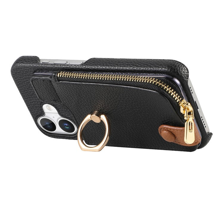 Y3 For iPhone 16 Case Card Holder Kickstand Leather+TPU Phone Cover with Zipper Pocket - Black