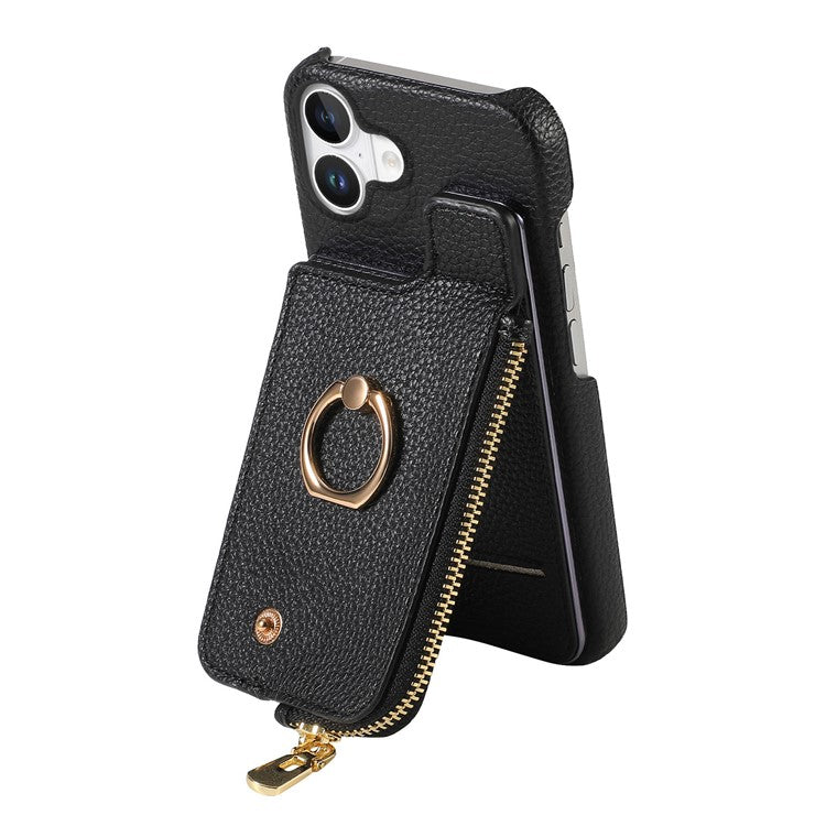 Y3 For iPhone 16 Case Card Holder Kickstand Leather+TPU Phone Cover with Zipper Pocket - Black