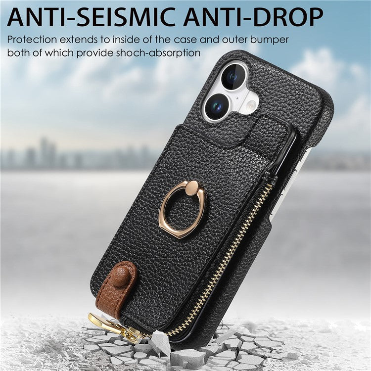 Y3 For iPhone 16 Case Card Holder Kickstand Leather+TPU Phone Cover with Zipper Pocket - Black