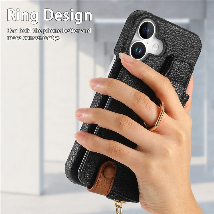 Y3 For iPhone 16 Case Card Holder Kickstand Leather+TPU Phone Cover with Zipper Pocket - Black