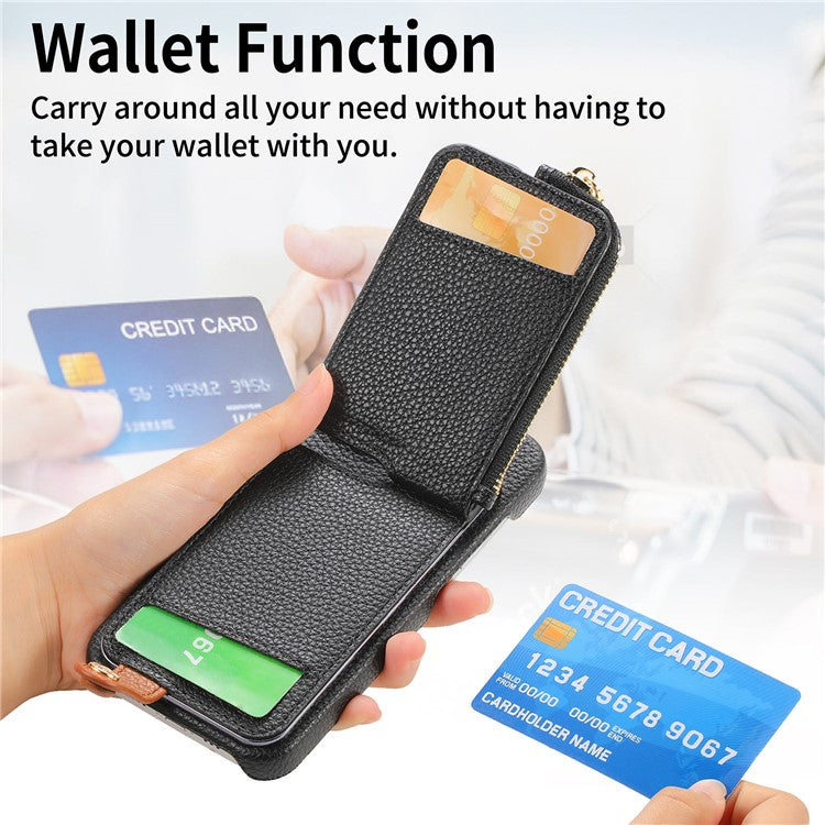 Y3 For iPhone 16 Case Card Holder Kickstand Leather+TPU Phone Cover with Zipper Pocket - Black