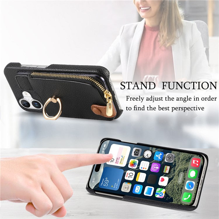 Y3 For iPhone 16 Case Card Holder Kickstand Leather+TPU Phone Cover with Zipper Pocket - Black