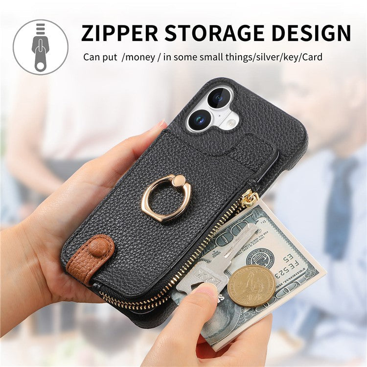 Y3 For iPhone 16 Case Card Holder Kickstand Leather+TPU Phone Cover with Zipper Pocket - Black