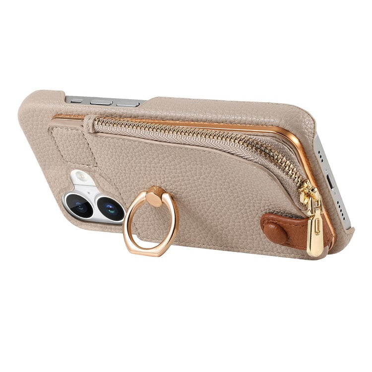 Y3 For iPhone 16 Case Card Holder Kickstand Leather+TPU Phone Cover with Zipper Pocket - Khaki