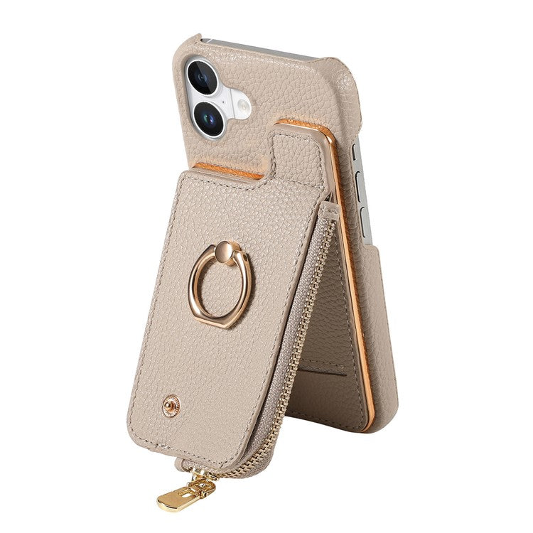 Y3 For iPhone 16 Case Card Holder Kickstand Leather+TPU Phone Cover with Zipper Pocket - Khaki