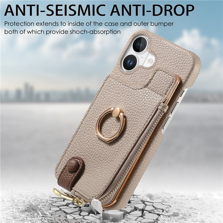Y3 For iPhone 16 Case Card Holder Kickstand Leather+TPU Phone Cover with Zipper Pocket - Khaki