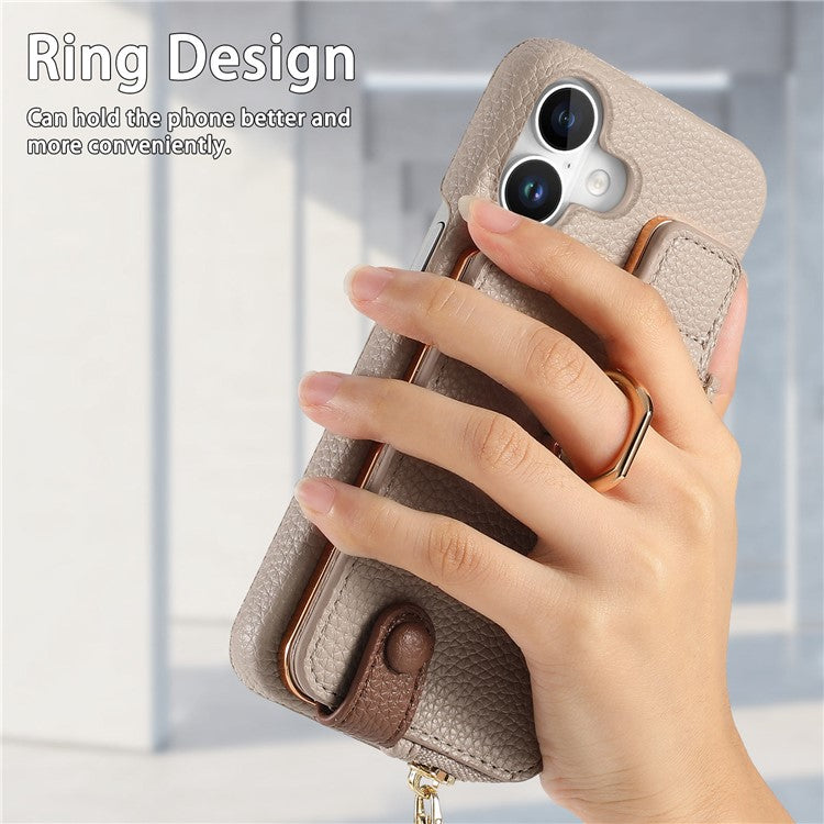 Y3 For iPhone 16 Case Card Holder Kickstand Leather+TPU Phone Cover with Zipper Pocket - Khaki