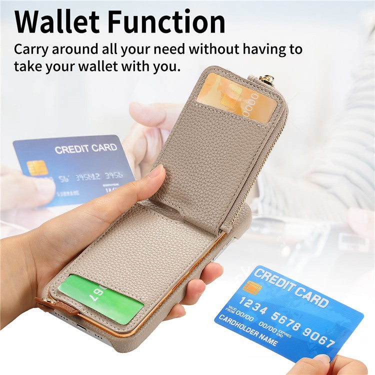 Y3 For iPhone 16 Case Card Holder Kickstand Leather+TPU Phone Cover with Zipper Pocket - Khaki