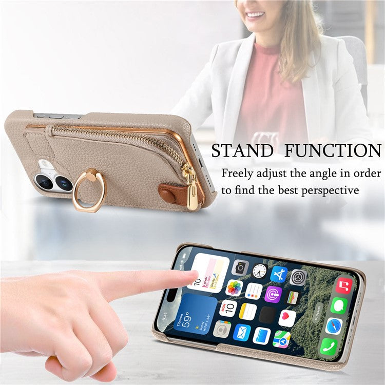 Y3 For iPhone 16 Case Card Holder Kickstand Leather+TPU Phone Cover with Zipper Pocket - Khaki