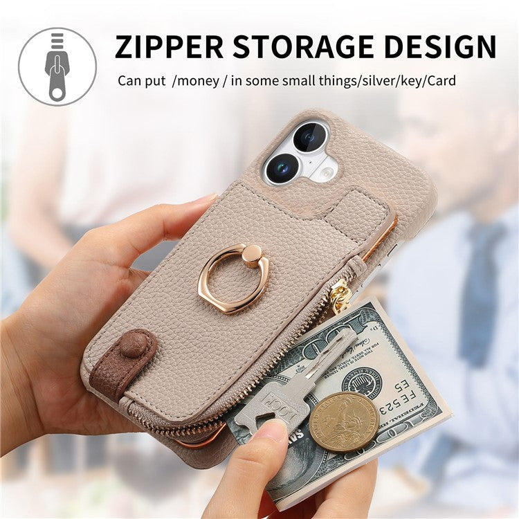 Y3 For iPhone 16 Case Card Holder Kickstand Leather+TPU Phone Cover with Zipper Pocket - Khaki