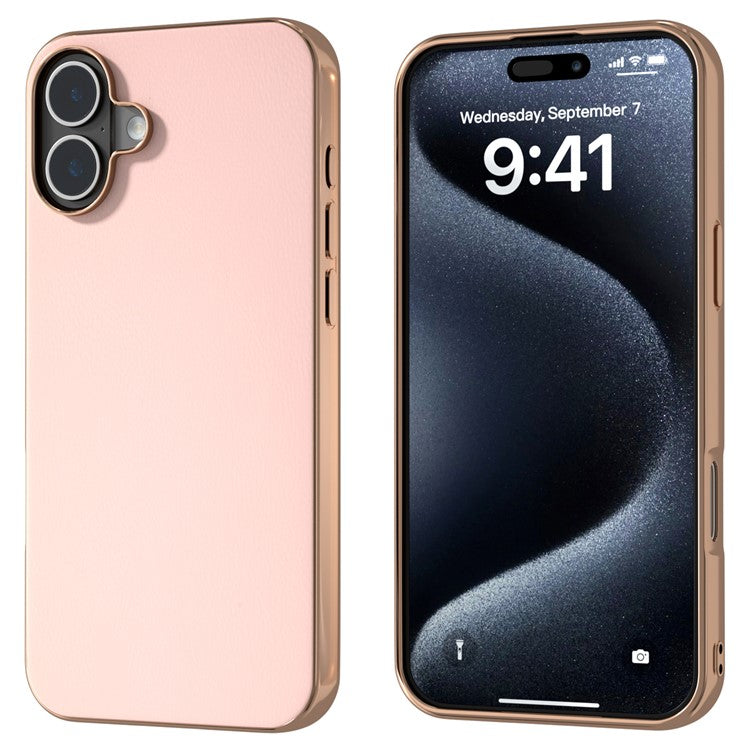 For iPhone 16 Plus Case Electroplating Edge PU Leather Coated TPU+PC Phone Cover - Light Pink
