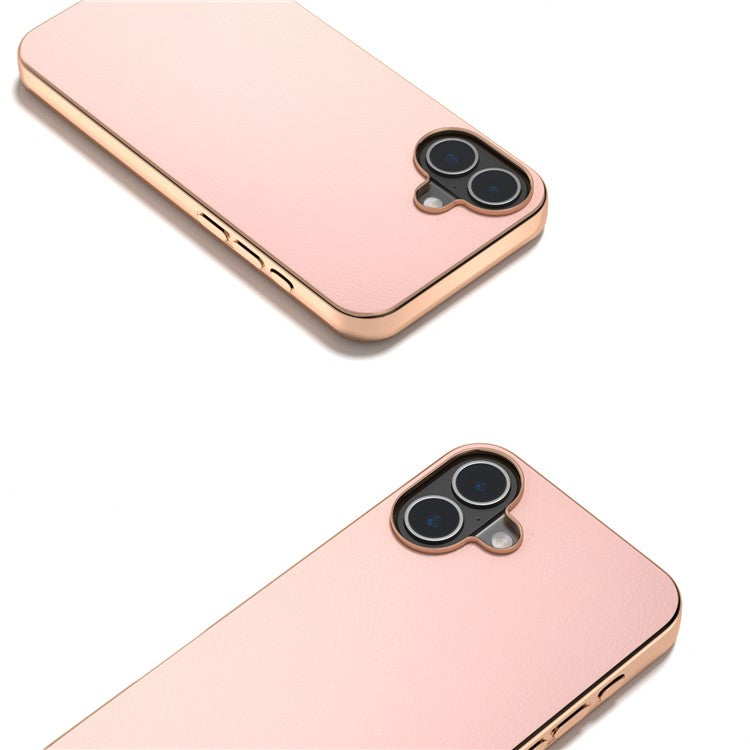 For iPhone 16 Plus Case Electroplating Edge PU Leather Coated TPU+PC Phone Cover - Light Pink