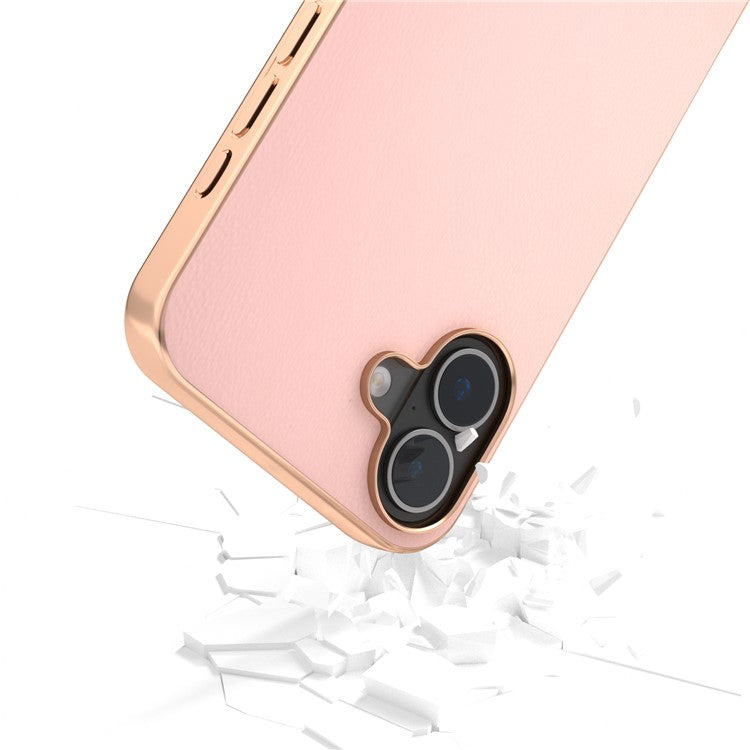 For iPhone 16 Plus Case Electroplating Edge PU Leather Coated TPU+PC Phone Cover - Light Pink