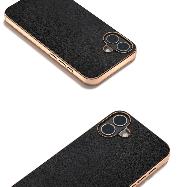 For iPhone 16 Plus Case Electroplating Edge PU Leather Coated TPU+PC Phone Cover - Black