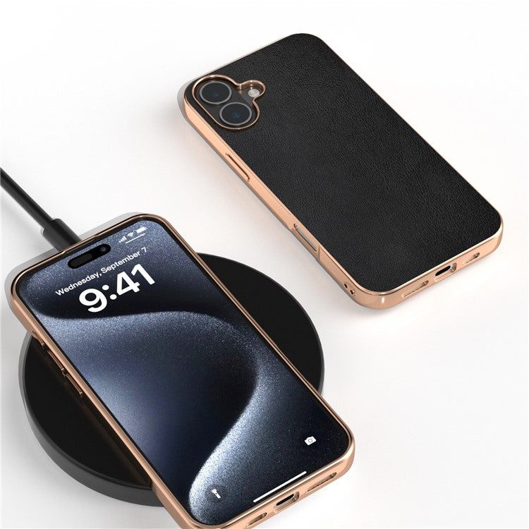 For iPhone 16 Plus Case Electroplating Edge PU Leather Coated TPU+PC Phone Cover - Black