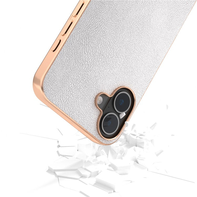 For iPhone 16 Case Electroplating Edge PU Leather Coated TPU+PC Phone Cover - Silver