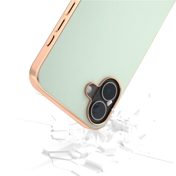 For iPhone 16 Case Electroplating Edge PU Leather Coated TPU+PC Phone Cover - Light Green