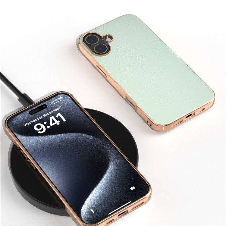 For iPhone 16 Case Electroplating Edge PU Leather Coated TPU+PC Phone Cover - Light Green