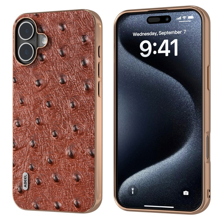 ABEEL For iPhone 16 Plus Case Electroplating Edge Ostrich Texture Genuine Cow Leather Back Cover - Coffee