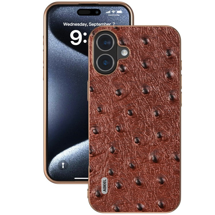 ABEEL For iPhone 16 Plus Case Electroplating Edge Ostrich Texture Genuine Cow Leather Back Cover - Coffee