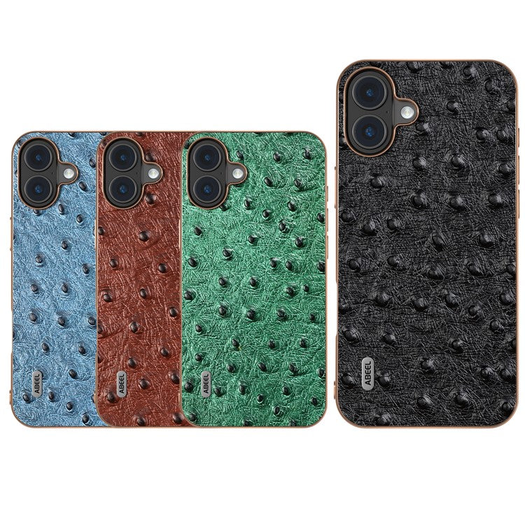 ABEEL For iPhone 16 Plus Case Electroplating Edge Ostrich Texture Genuine Cow Leather Back Cover - Coffee