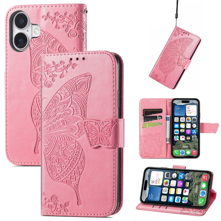For iPhone 16 Plus Case PU Leather Wallet Phone Cover Butterfly Pattern - Pink