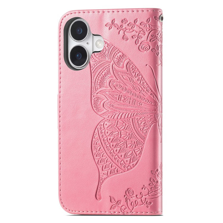 For iPhone 16 Plus Case PU Leather Wallet Phone Cover Butterfly Pattern - Pink