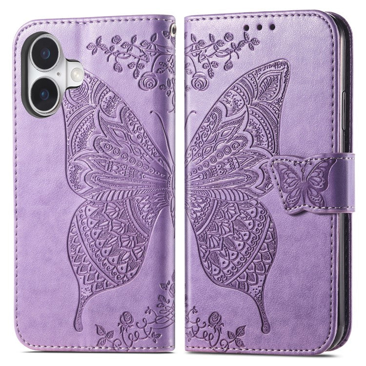 For iPhone 16 Plus Case PU Leather Wallet Phone Cover Butterfly Pattern - Light Purple