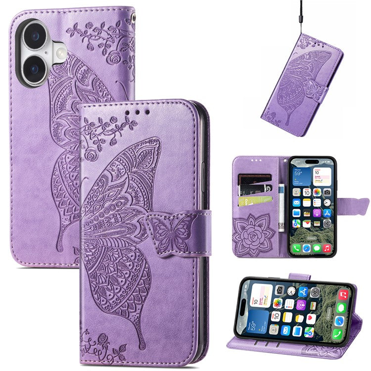 For iPhone 16 Plus Case PU Leather Wallet Phone Cover Butterfly Pattern - Light Purple