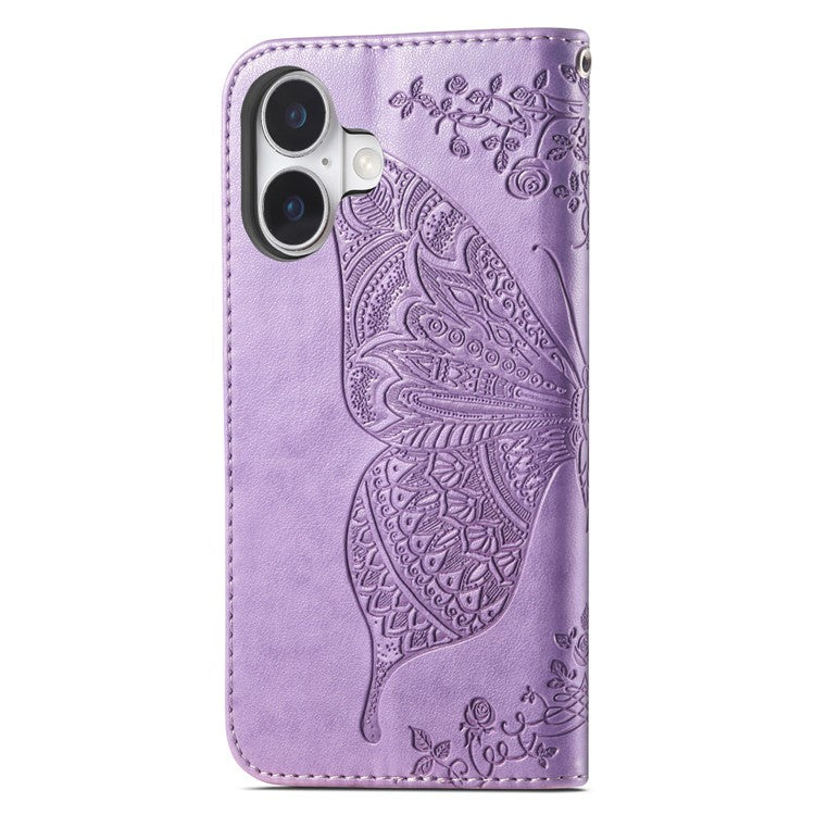 For iPhone 16 Plus Case PU Leather Wallet Phone Cover Butterfly Pattern - Light Purple