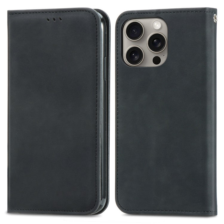 For iPhone 16 Pro Case Skin Touch Feeling Leather Card Holder Phone Cover Magnetic Absorption - Black